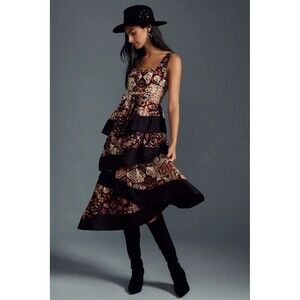 By Anthropologie Square-Neck Tiered Midi Dress M